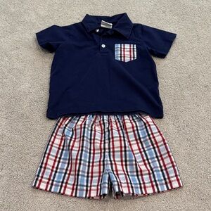 Stitchy Fish Navy Polo with Plaid Chest Pocket